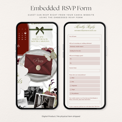 Olive Green Wedding Website Template Canva | Digital Wedding Invitation with RSVP, Music and Countdown Timer | Instant Download