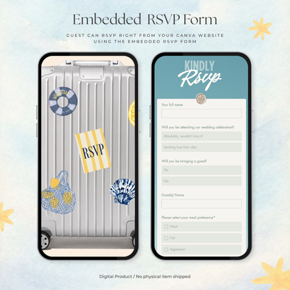 Blue & Yellow Retro Wedding Website Template | Digital Wedding Invitation with RSVP, Music and Coundown Timer | Instant Download