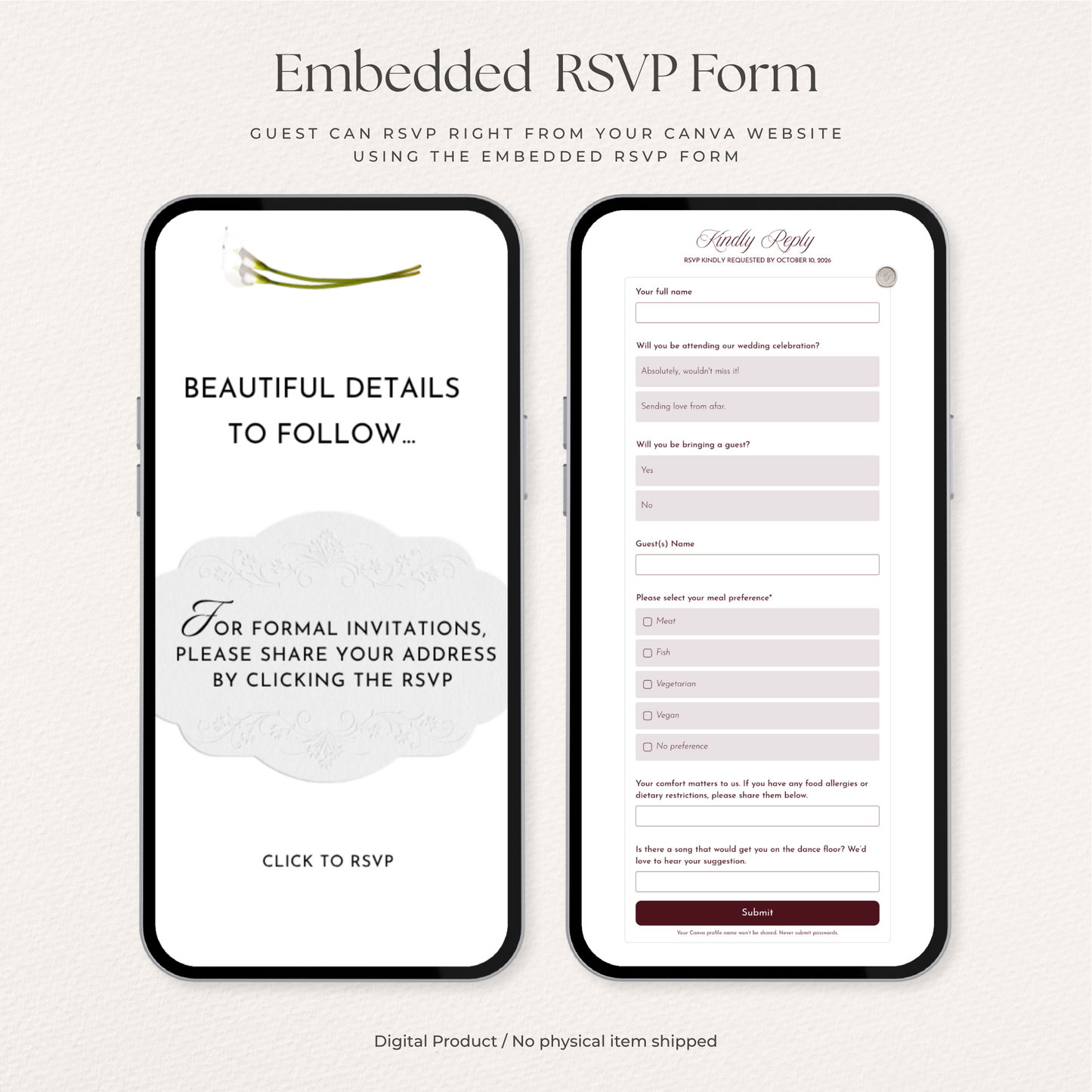 Burgundy Floral Save the Date Website with RSVP/Details,Music and Countdown Timer: Canva Digital Invitation Template (Digital Download)