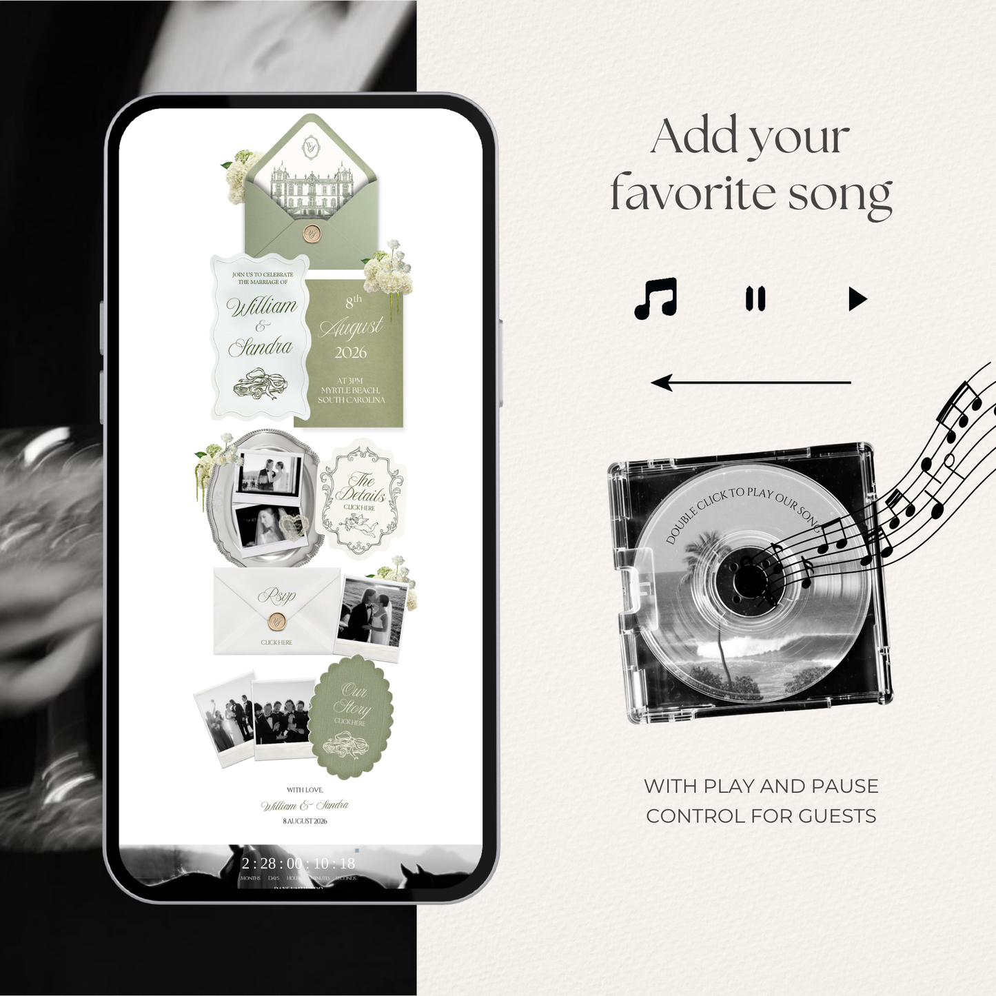 Sage Green & Ivory Floral Wedding Website Template with RSVP, Music and Countdown Timer: Editable Canva Design (Digital Download)