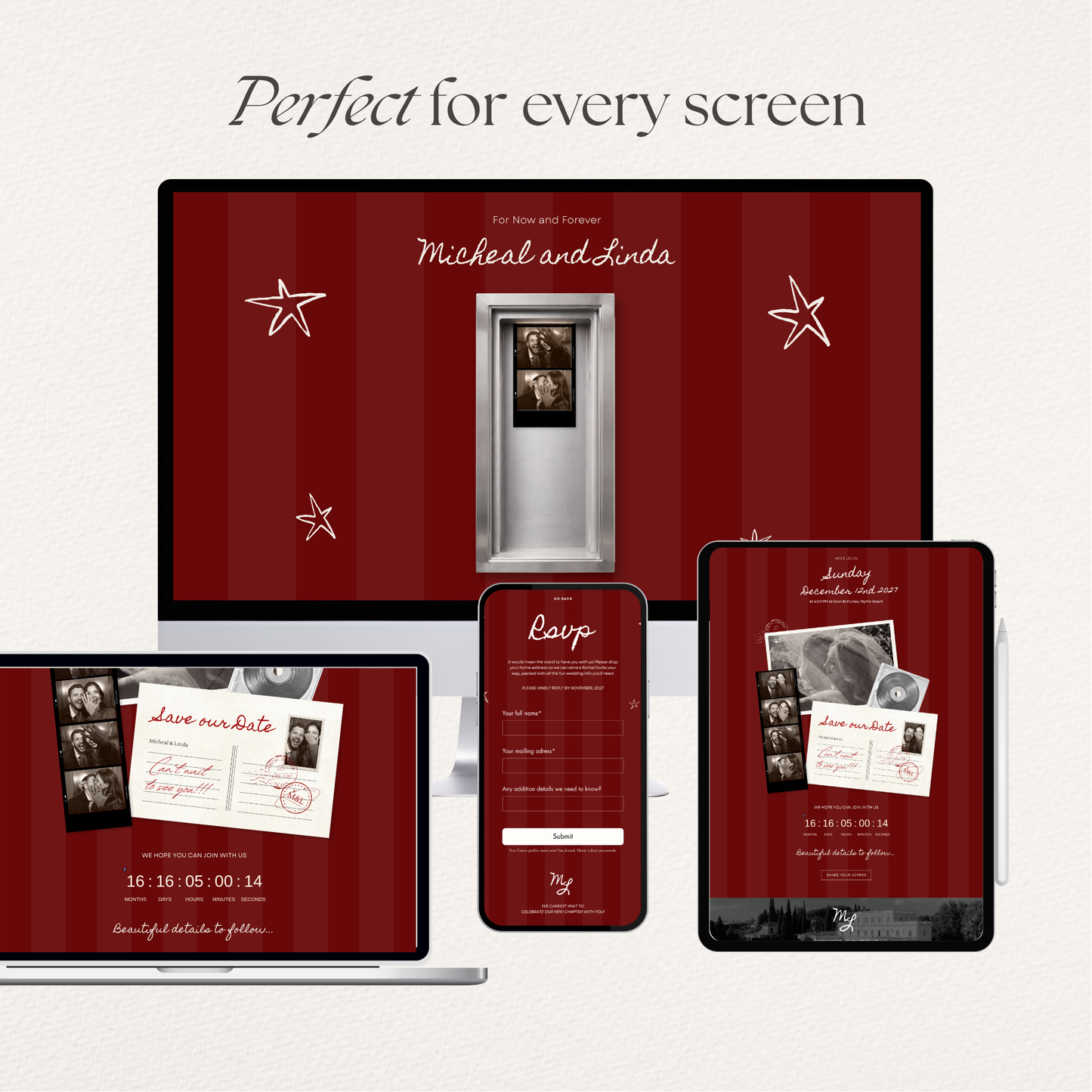 Burgundy Photo Booth Save the Date with RSVP, Editable Canva Wedding Website, Digital Invitation | Instant Download