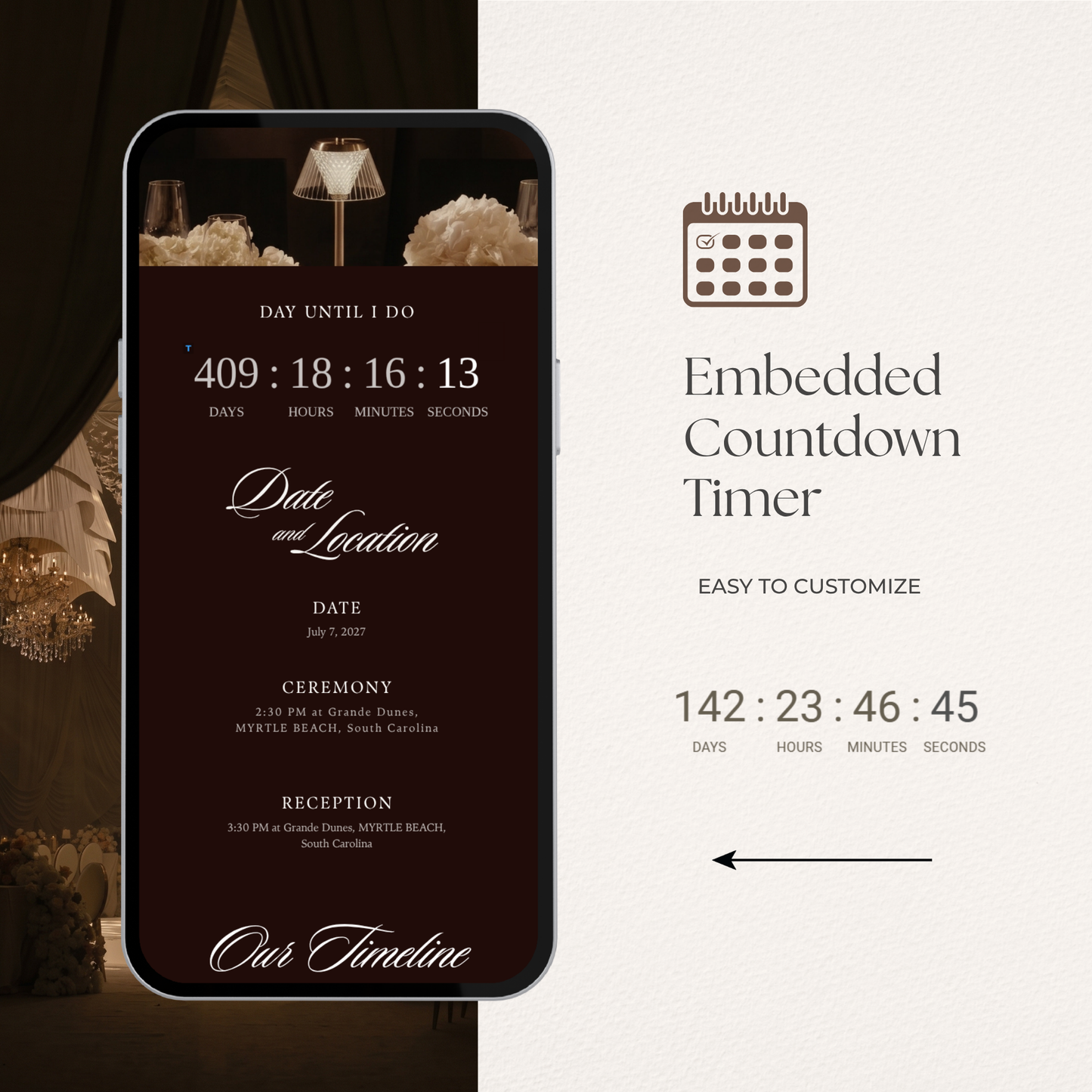 Old Money Wedding Website Template with RSVP, Music and Countdown Timer: Classic Brown Digital Invitation