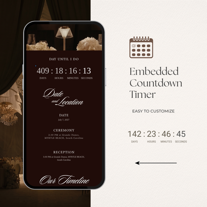 Old Money Wedding Website Template with RSVP, Music and Countdown Timer: Classic Brown Digital Invitation