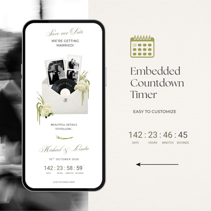 Ivory & Green Floral Save the Date Website with RSVP, Countdown Timer: Canva Digital Invitation Template (Digital Download)