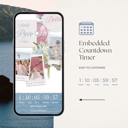 Blush Pink & Blue Floral Wedding Website Template with RSVP, Countdown and Music: Editable Canva Design (Digital Download)