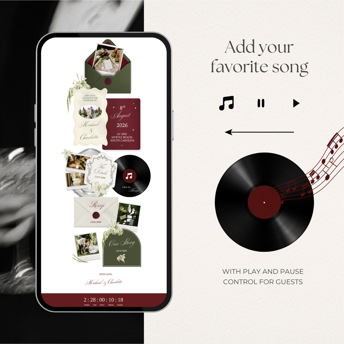 Olive Green & Burgundy Floral Wedding Website Template with RSVP, Music and Countdown Timer: Editable Canva Design (Digital Download)