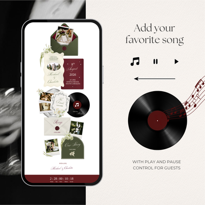 Olive Green & Burgundy Floral Wedding Website Template with RSVP, Music and Countdown Timer: Editable Canva Design (Digital Download)