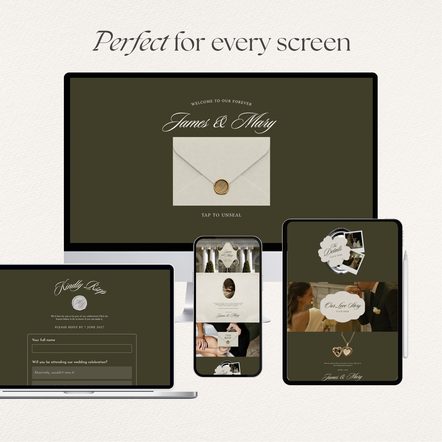 Olive Green Wedding Website Template with RSVP, Music and Countdown Timer: Old Money Wedding Invitation | Classic Digital Invitation