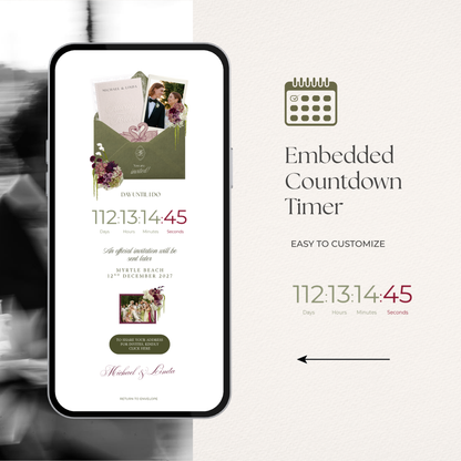 Olive Green & Burgundy Save the Date Website with RSVP, Countdown Timer: DIY Canva Template (Digital Download)