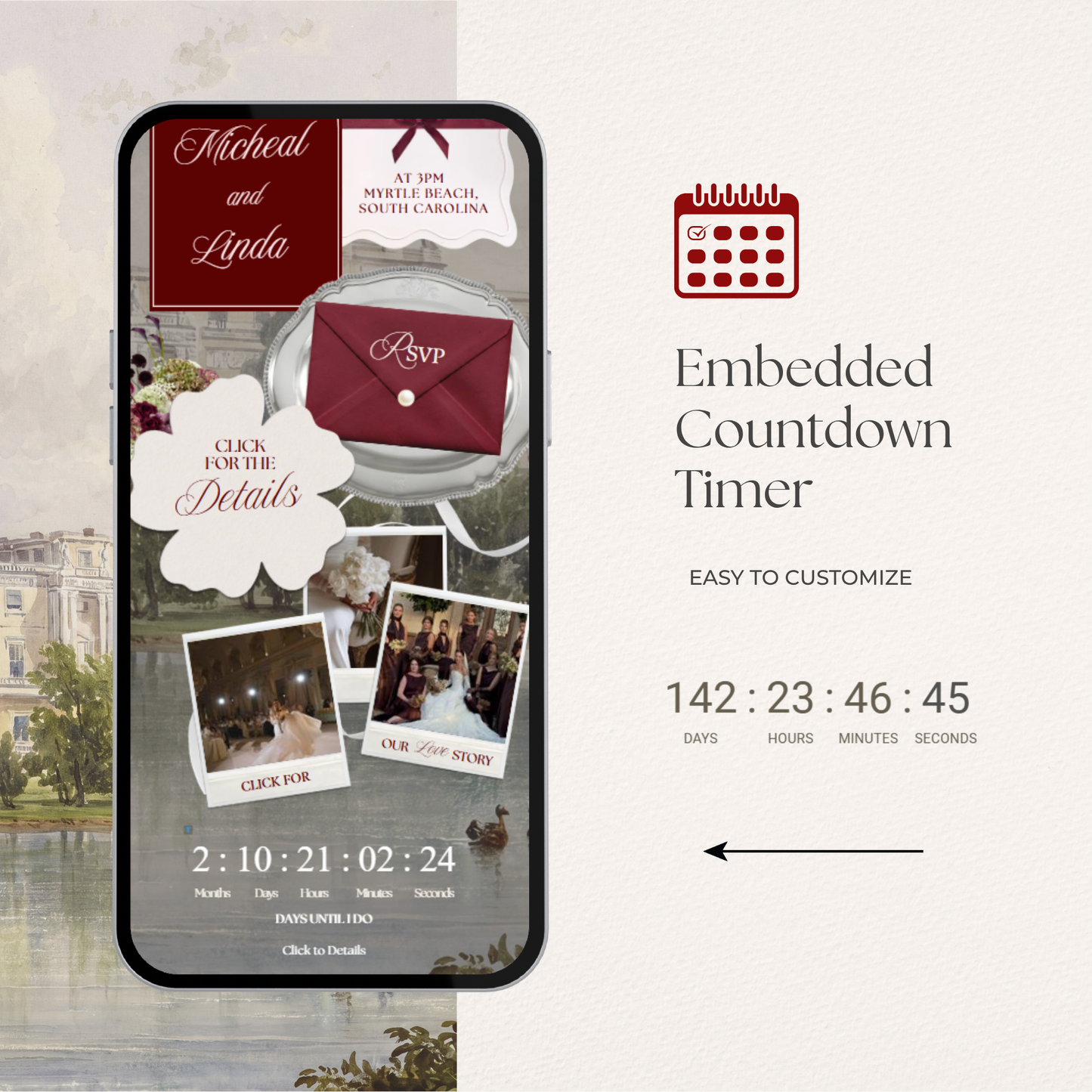 Burgundy Vintage Floral Wedding Website Template with RSVP, Music and Countdown Timer: Ivory Wedding invitations (Digital Download)