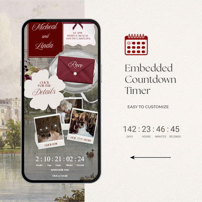 Burgundy Vintage Floral Wedding Website Template with RSVP, Music and Countdown Timer: Ivory Wedding invitations (Digital Download)