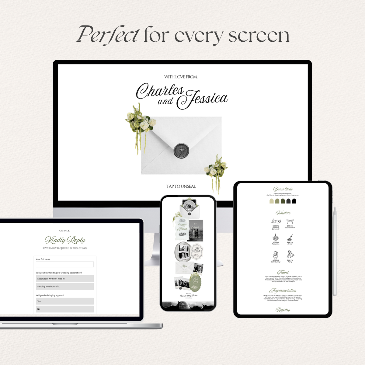 Ivory, Green & Black Floral Wedding Website Template with RSVP, Music and Countdown Timer: Editable Canva Design (Digital Download)