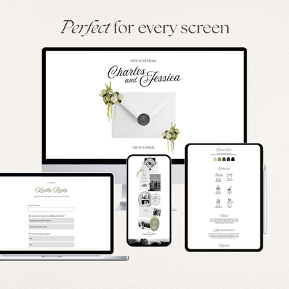 Ivory, Green & Black Floral Wedding Website Template with RSVP, Music and Countdown Timer: Editable Canva Design (Digital Download)