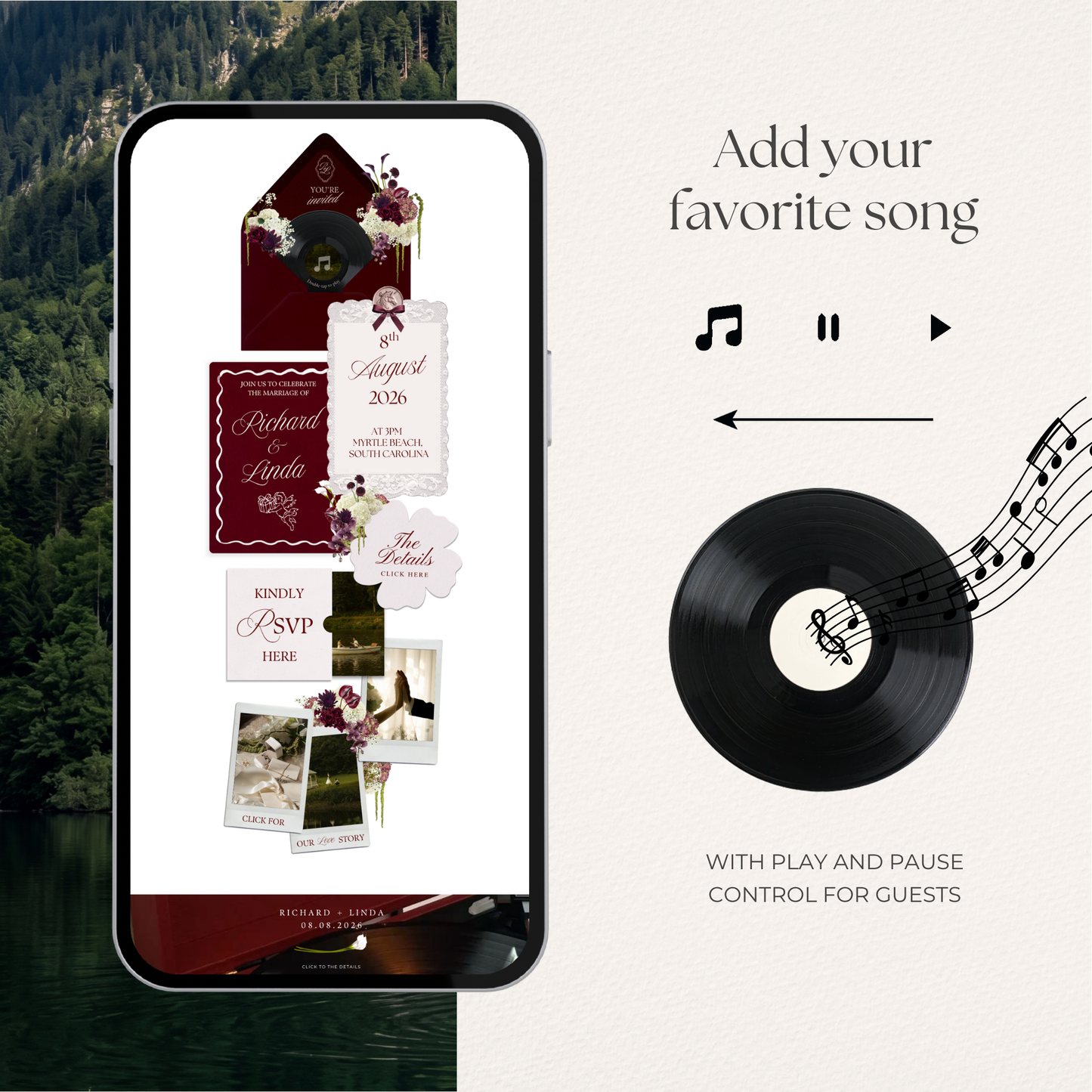 Burgundy Floral Wedding Website Template with RSVP, Music and Countdown Timer: Editable Canva Design (Digital Download)