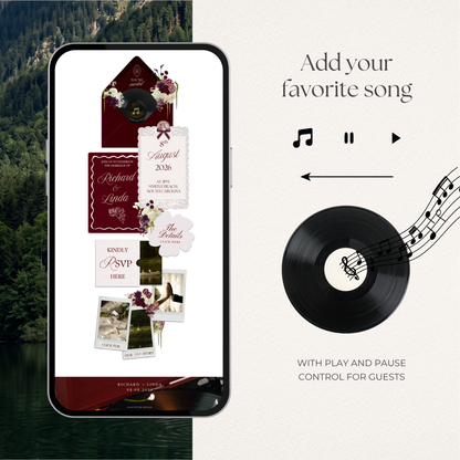 Burgundy Floral Wedding Website Template with RSVP, Music and Countdown Timer: Editable Canva Design (Digital Download)