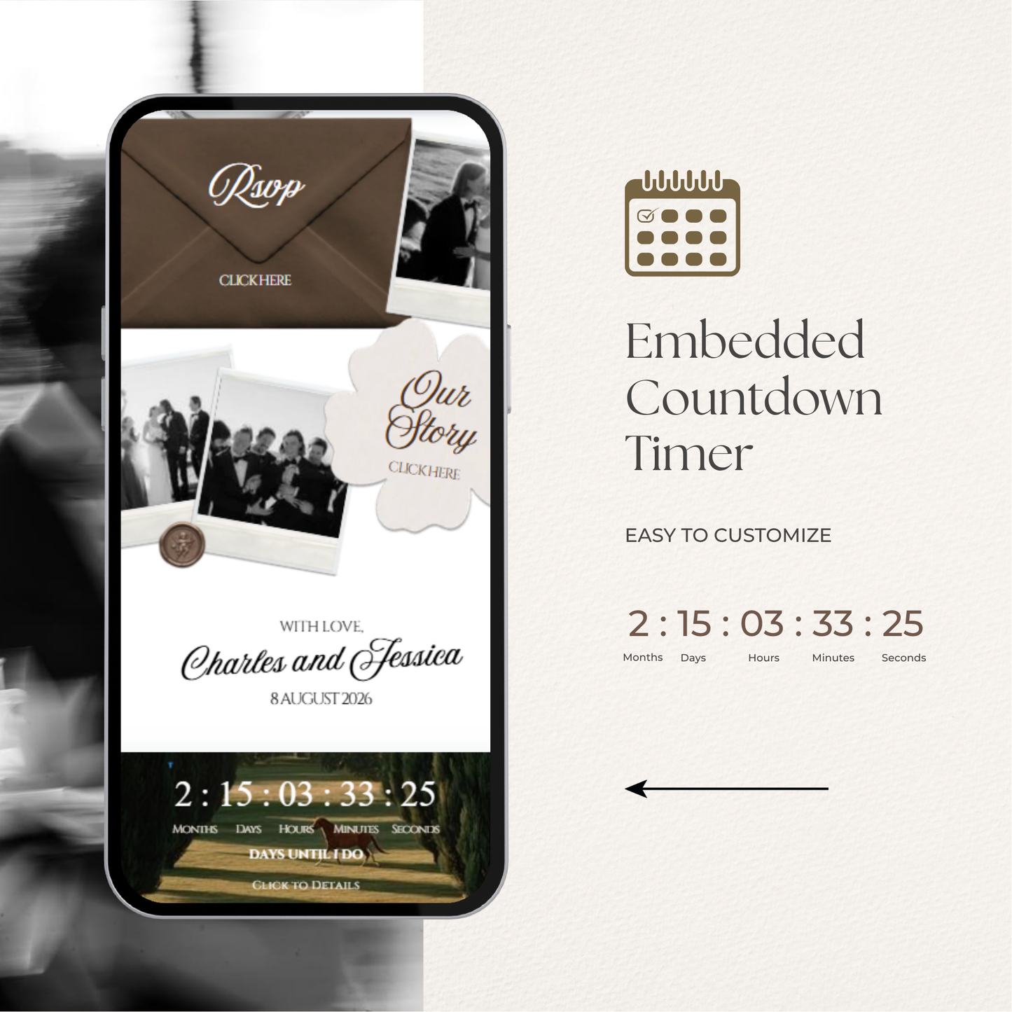 Espresso Brown & Ivory Wedding Website Template with RSVP, Music and Coundown Timer: Editable Canva Design (Digital Download)