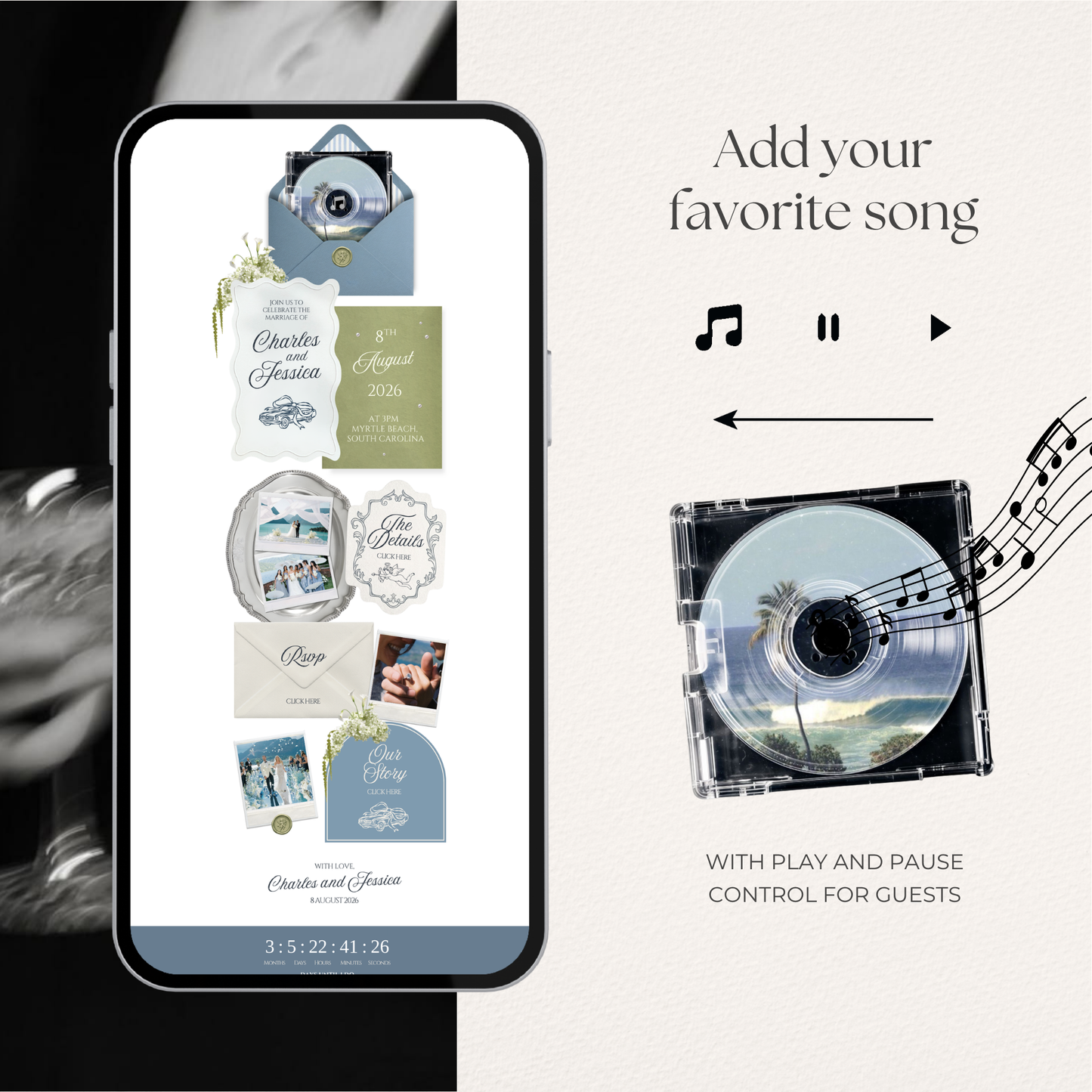 Dusty Blue Wedding Website Template with RSVP, Music and Countdown Timer: Elegant Editable Old Money Canva Site | Invitation Classic Wedding