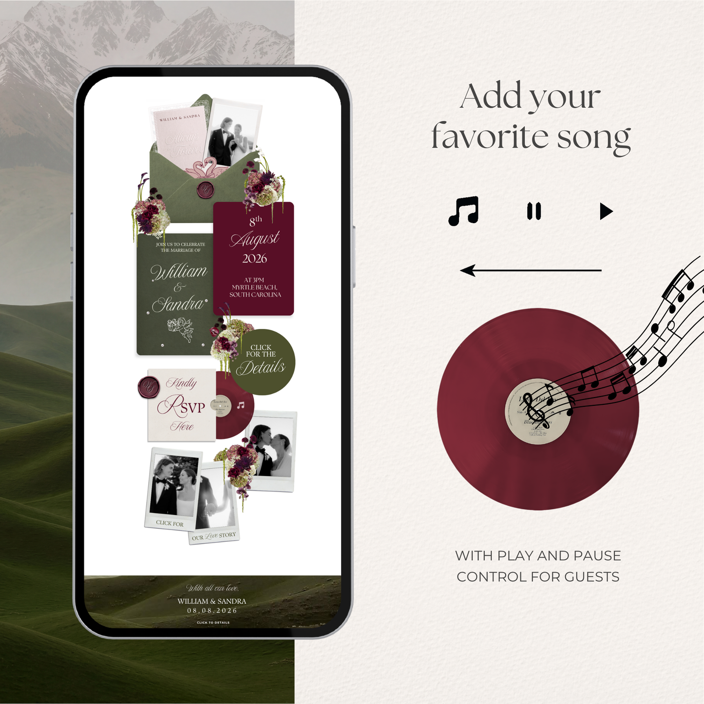 Olive Green & Burgundy Floral Wedding Website Template with RSVP, Countdown and Music: Editable Canva Design (Digital Download)