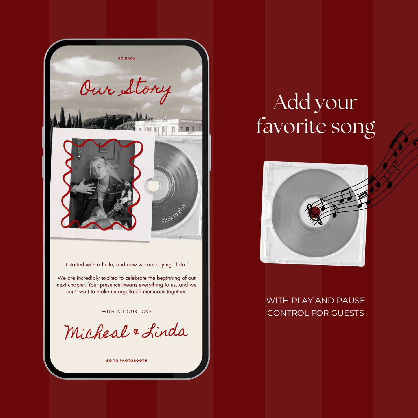 Burgundy Photo Booth Wedding Website Template with RSVP,Music and Countdown Timer: Modern Digital Wedding Invitation | Instant Download