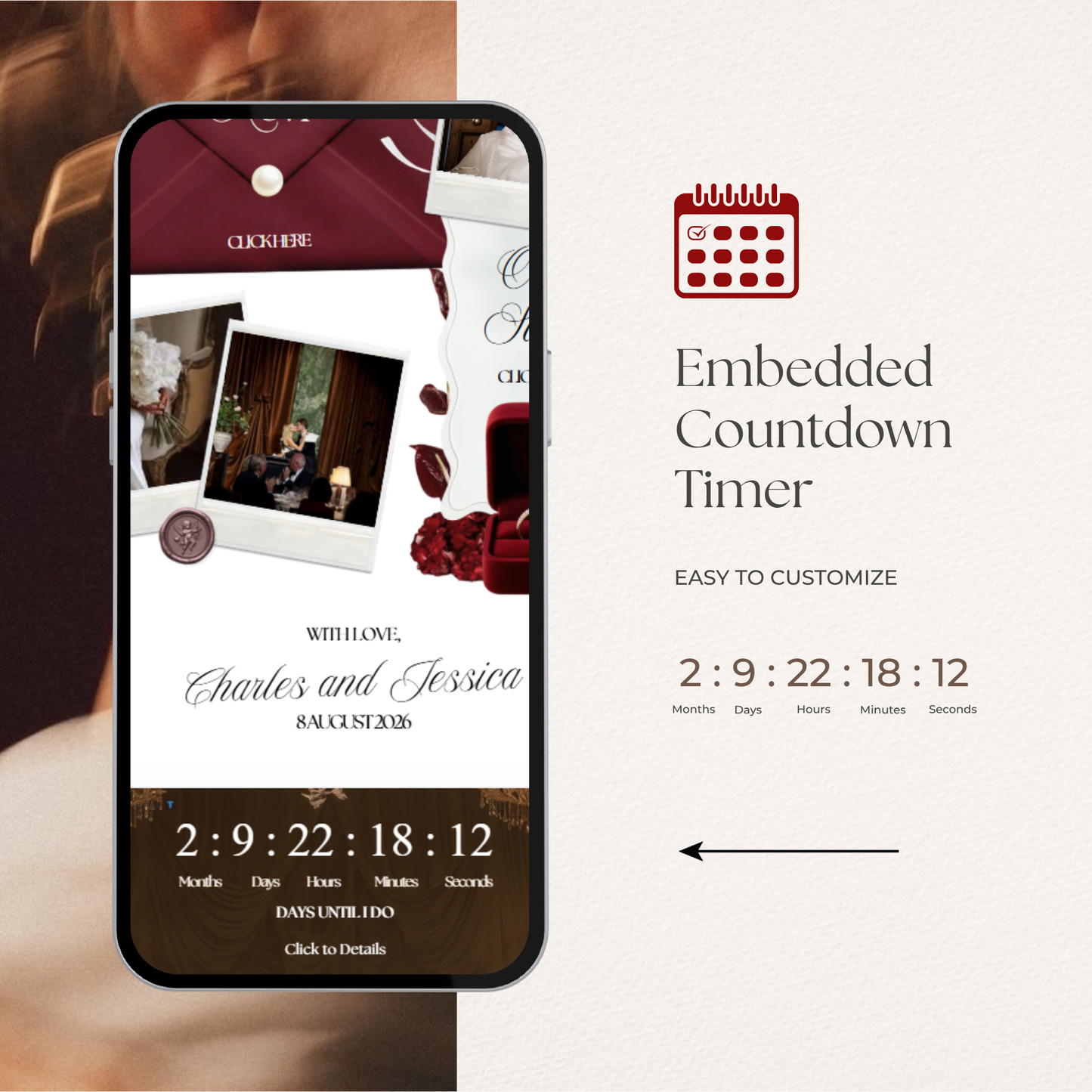 Burgundy & Ivory Vintage Floral Wedding Website Template with RSVP, Music and Countdown Timer | Editable Canva Design (Digital Download)