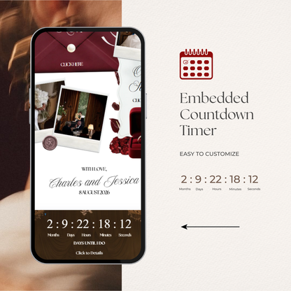 Burgundy & Ivory Vintage Floral Wedding Website Template with RSVP, Music and Countdown Timer | Editable Canva Design (Digital Download)
