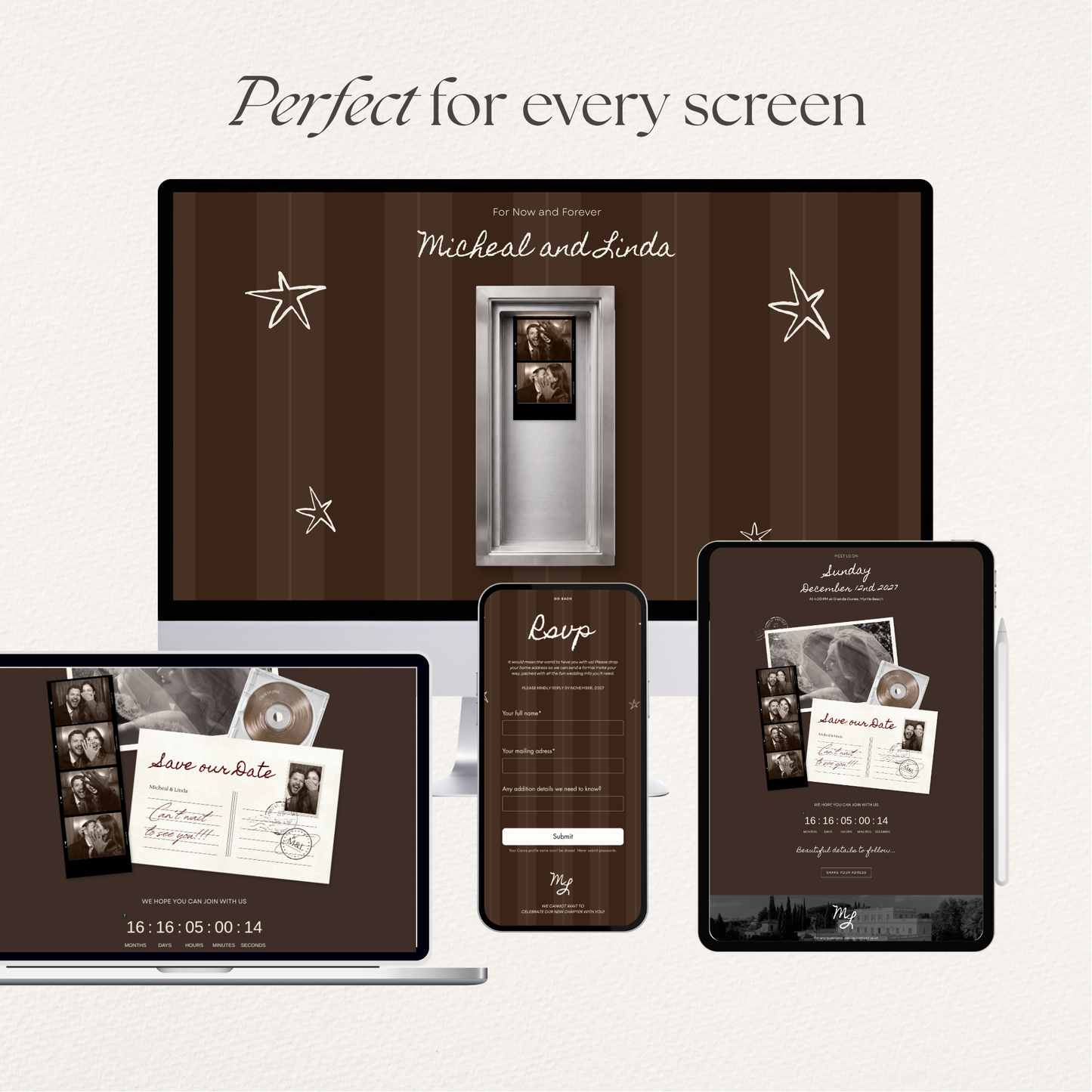 Brown Photo Booth Save the Date with RSVP, Editable Canva Wedding Website, Digital Invitation | Instant Download