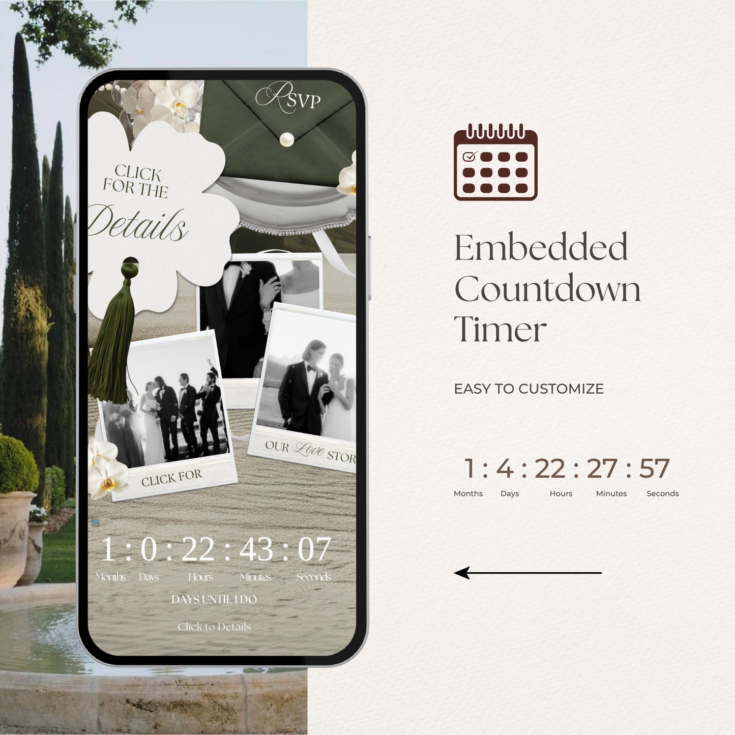 Olive Green Floral Wedding Website Template with RSVP, Music and Countdown Timer: DIY Canva Template (Digital Download)