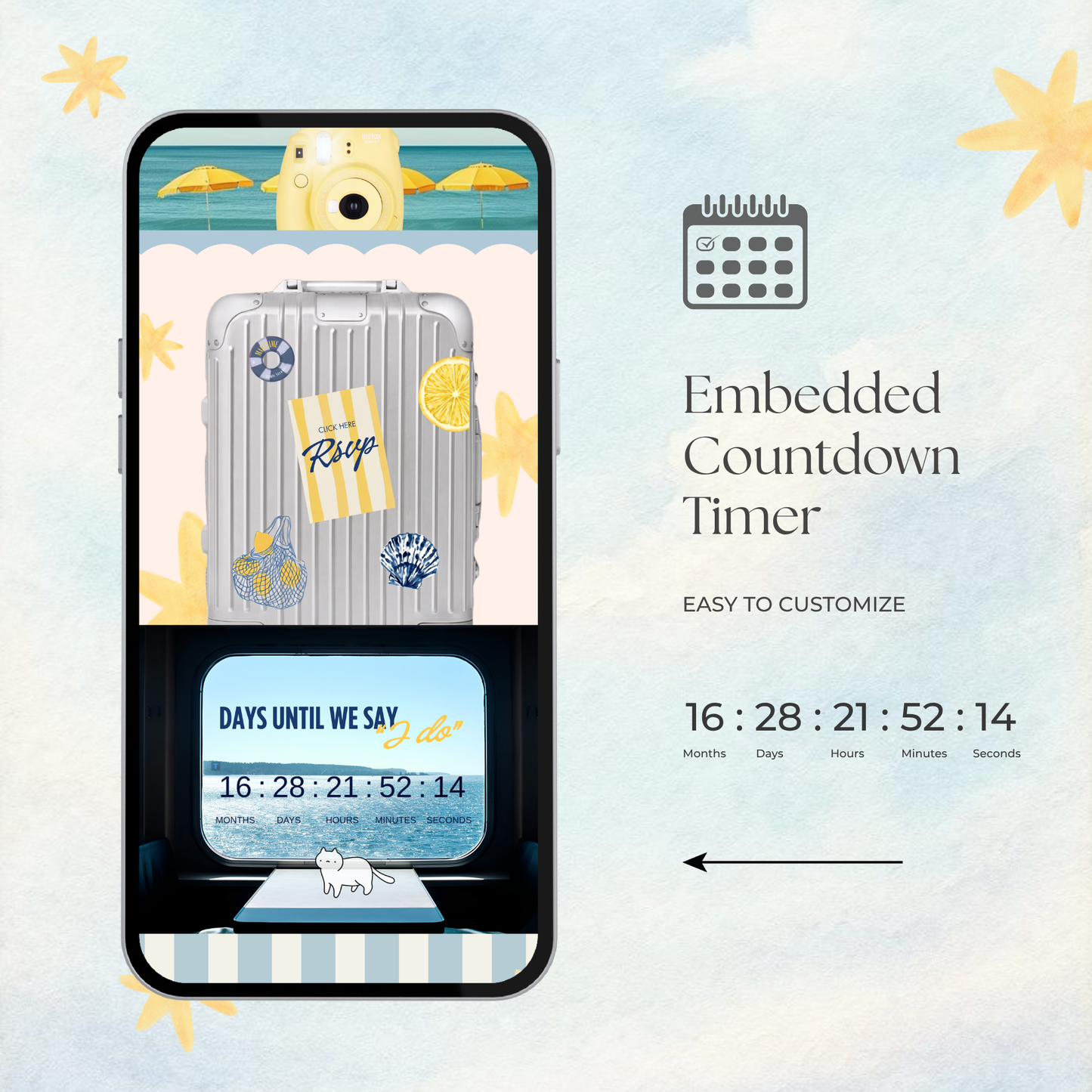 Blue & Yellow Retro Wedding Website Template | Digital Wedding Invitation with RSVP, Music and Coundown Timer | Instant Download