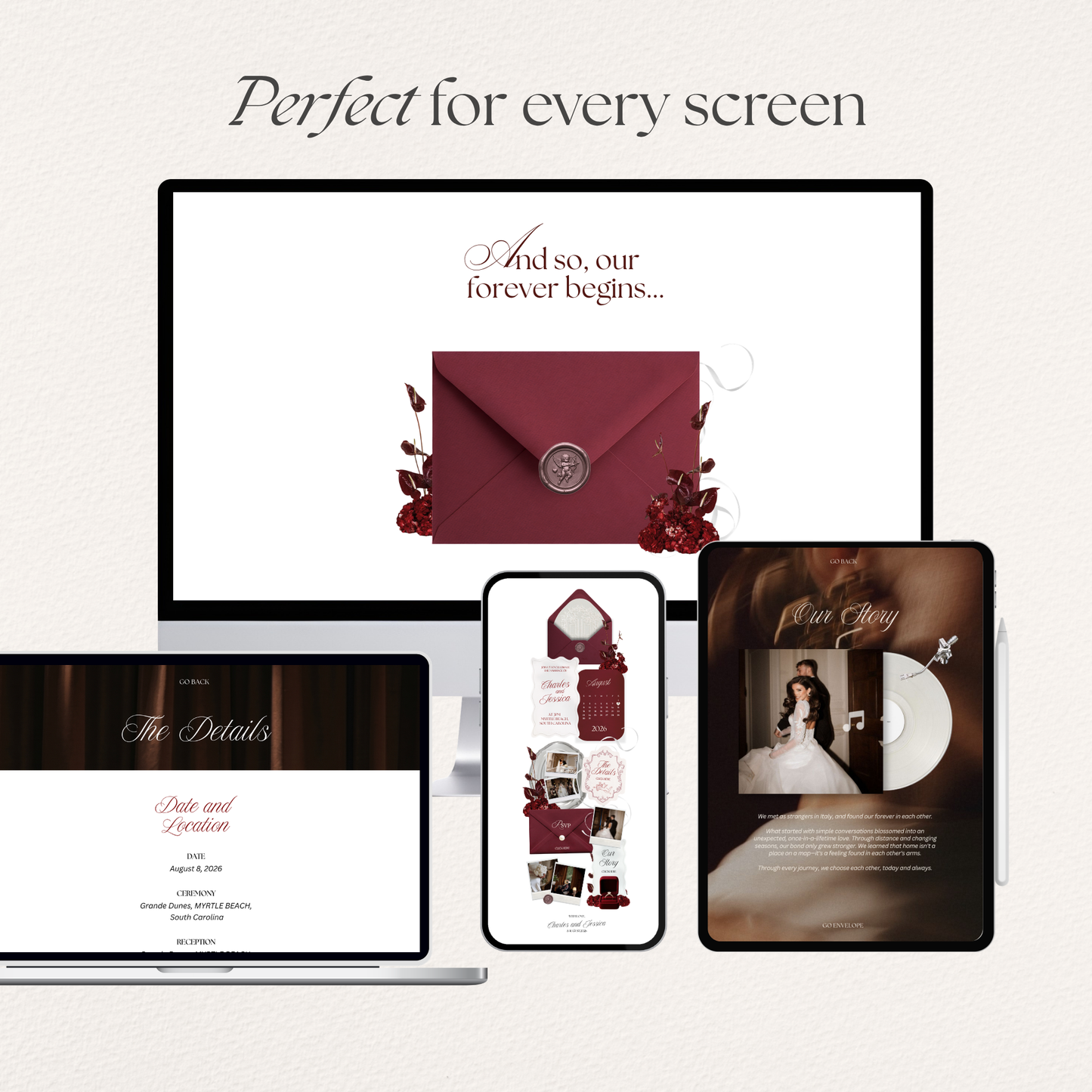 Burgundy & Ivory Vintage Floral Wedding Website Template with RSVP, Music and Countdown Timer | Editable Canva Design (Digital Download)
