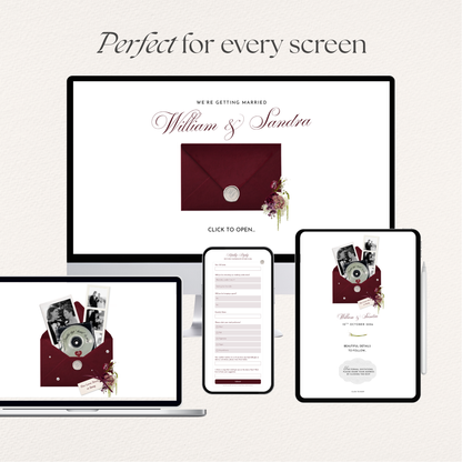 Burgundy Floral Save the Date Website with RSVP/Details,Music and Countdown Timer: Canva Digital Invitation Template (Digital Download)