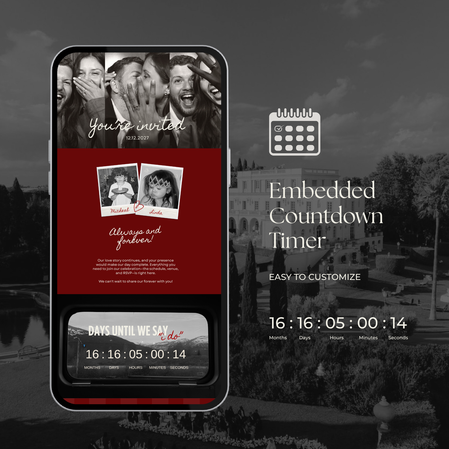 Burgundy Photo Booth Wedding Website Template with RSVP,Music and Countdown Timer: Modern Digital Wedding Invitation | Instant Download