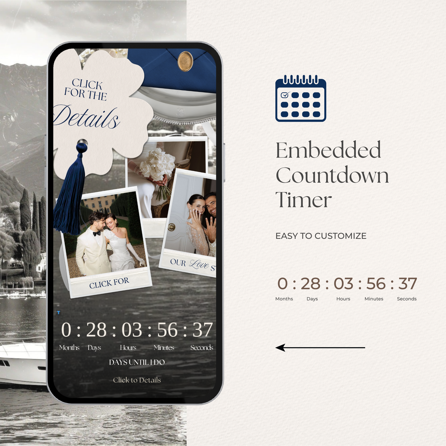 Navy & Dusty Blue Wedding Website Template with RSVP, Music and Countdown Timer: Editable Canva Design (Digital Download)