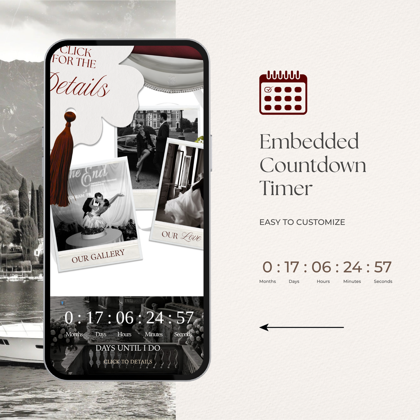 Burgundy Wedding Website Template | Digital Wedding Invitation with RSVP, Music and Countdown Timer | Instant Download