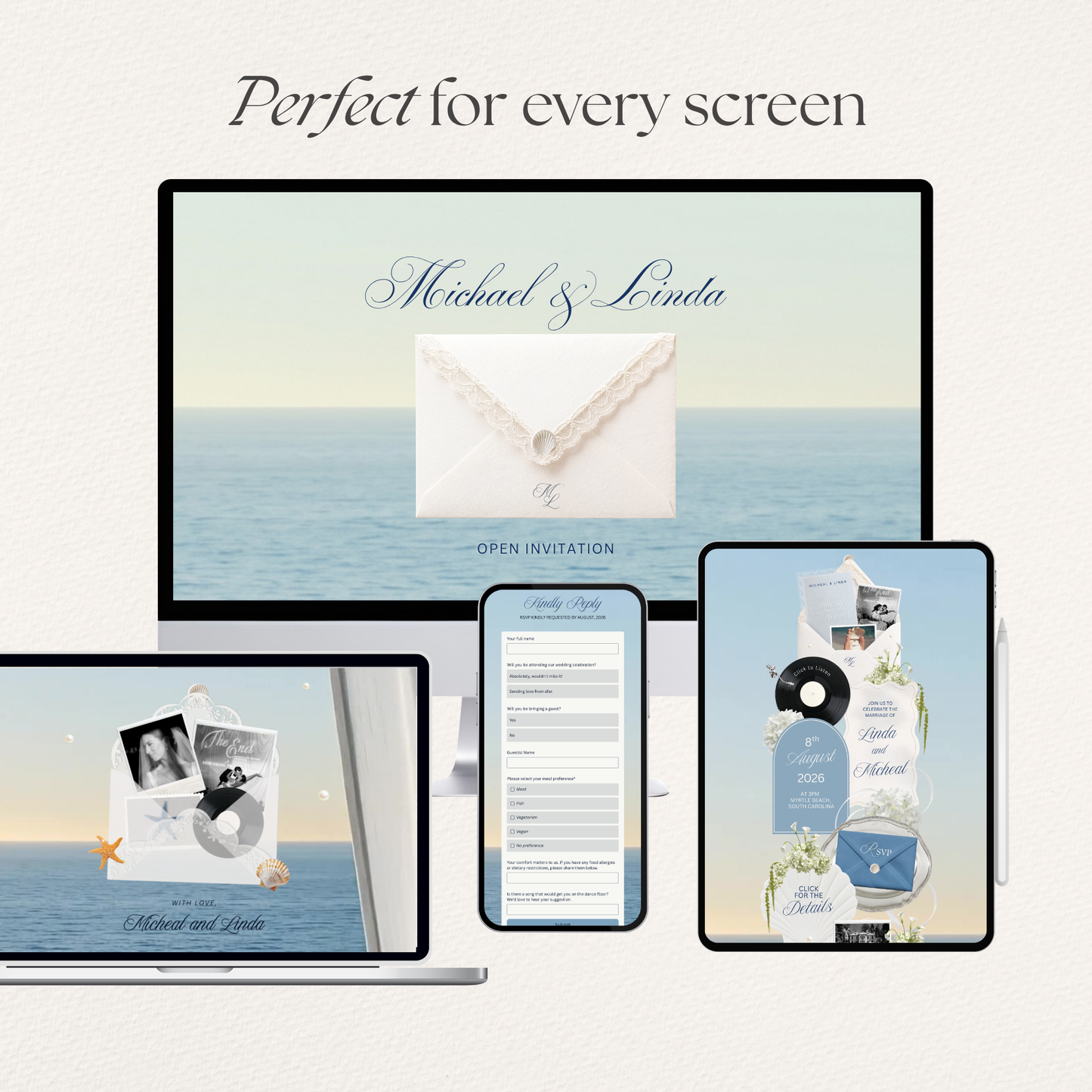 Dusty Blue Floral Wedding Website Template | Digital Wedding Invitation with RSVP, Music and Countdown Timer | Instant Download