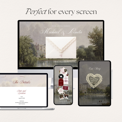 Burgundy Vintage Floral Wedding Website Template with RSVP, Music and Countdown Timer: Ivory Wedding invitations (Digital Download)