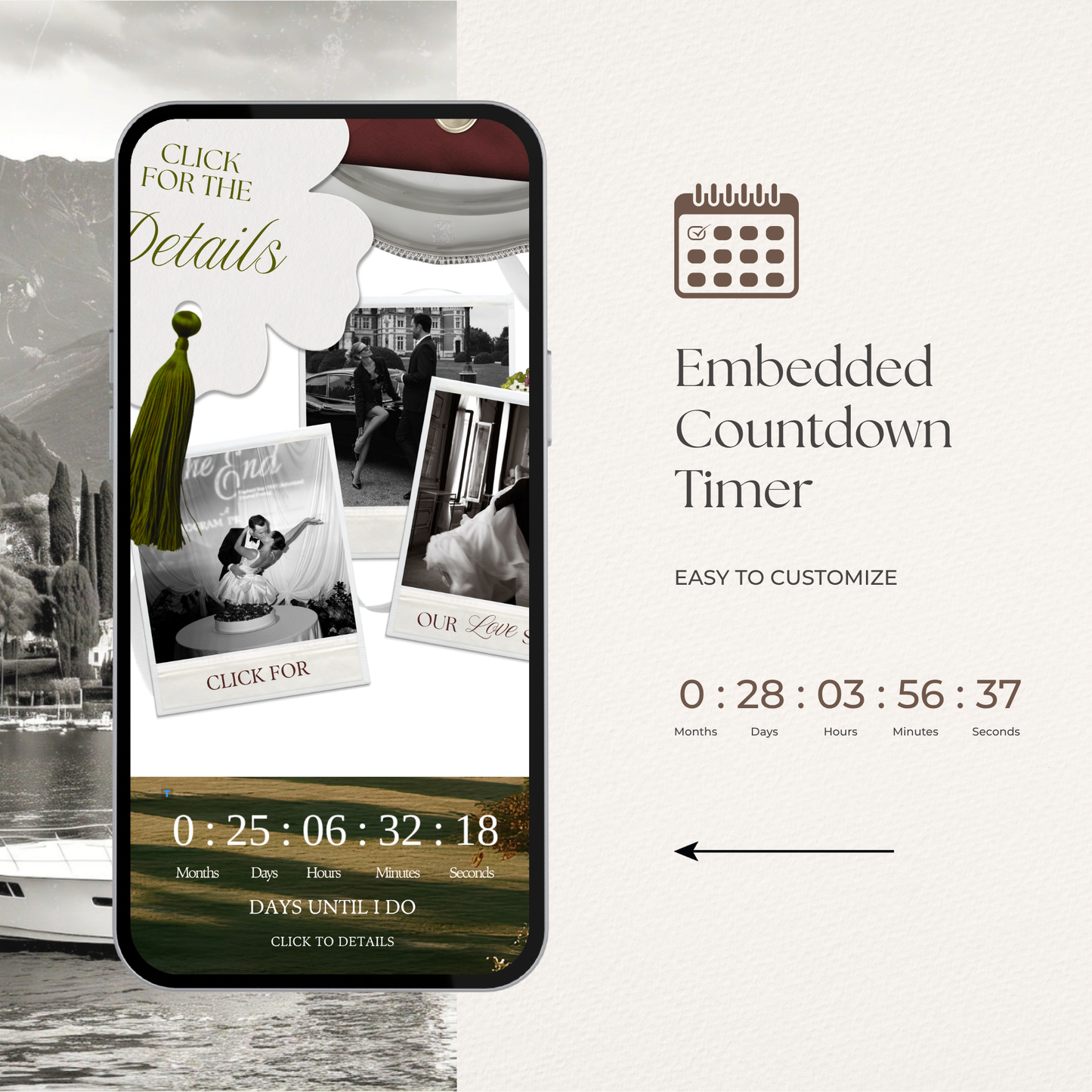 Olive Green Wedding Website Template Canva | Digital Wedding Invitation with RSVP, Music and Countdown Timer | Instant Download