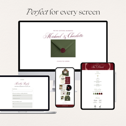 Olive Green & Burgundy Floral Wedding Website Template with RSVP, Music and Countdown Timer: Editable Canva Design (Digital Download)